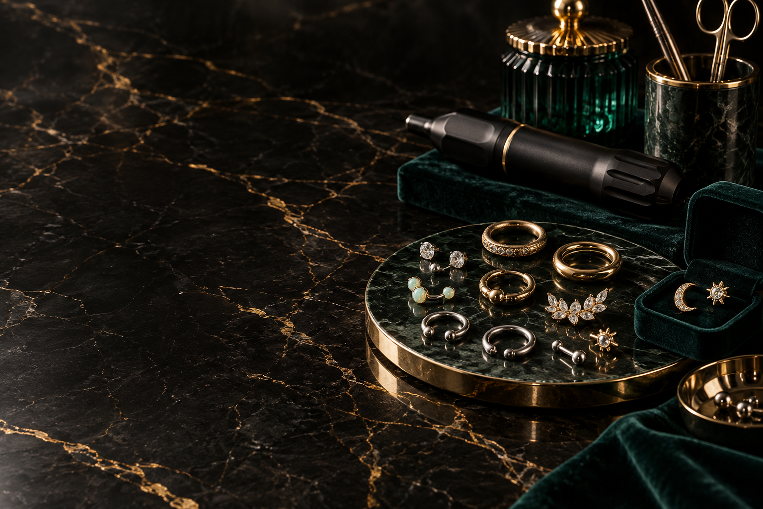 Black tattoo pen and fine gold and silver piercing jewelry arranged on black marble with emerald accents