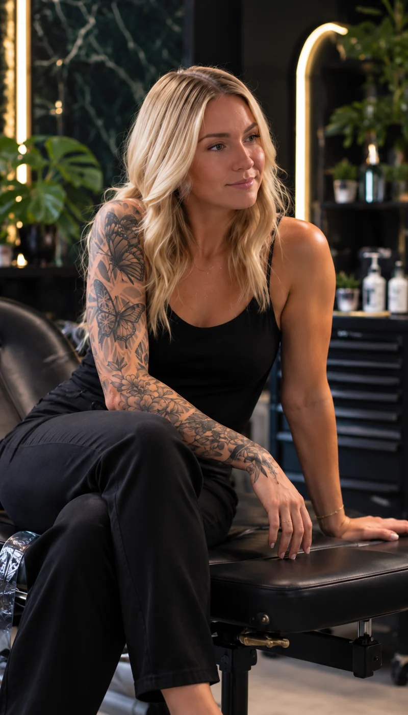 AI-assisted portrait of Val seated in a studio chair, with reference-based butterfly and floral arm tattoos